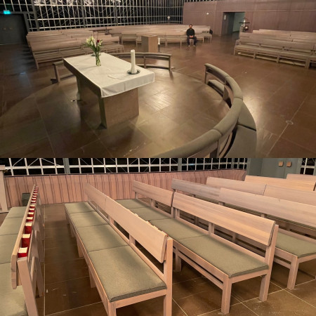Altarring och bänkdynor omklädda med ny stoppning hos Tibble Kyrka, januari 2025.